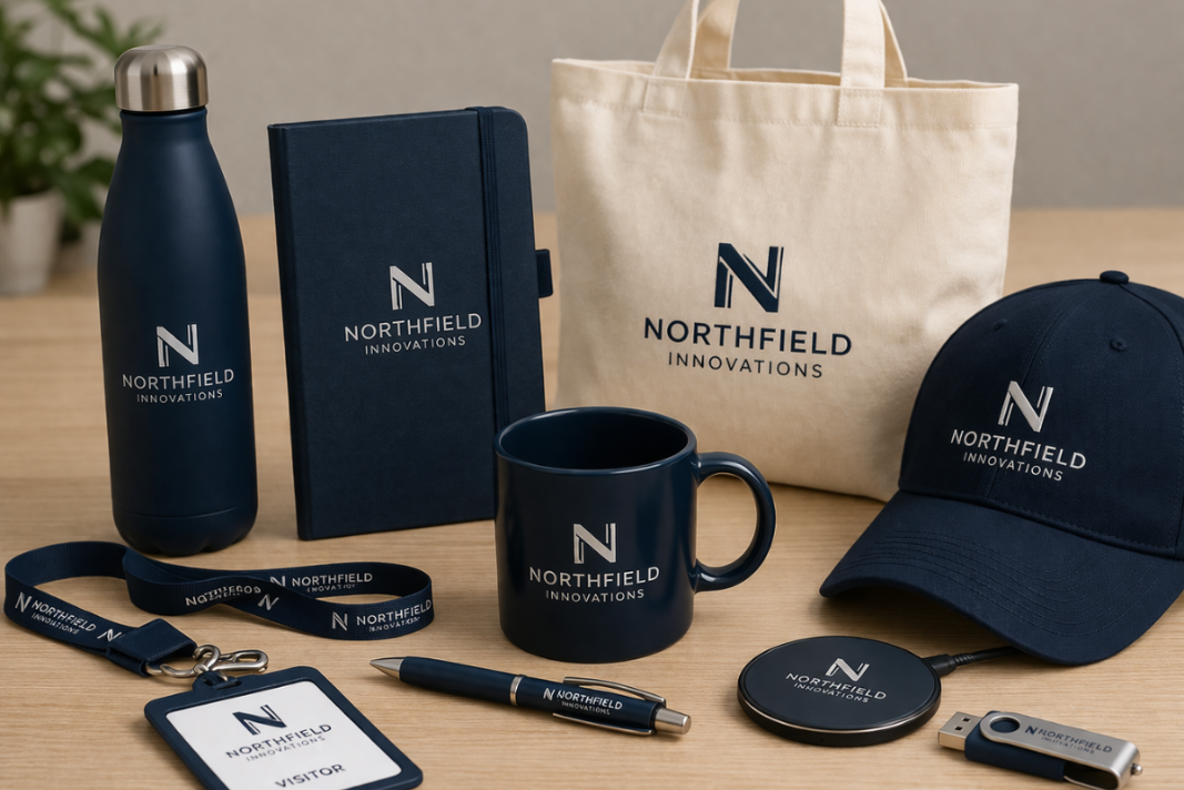 Collection of branded items including a water bottle, notebook, mug, hat, lanyard, pen, and USB drive on a wooden surface.