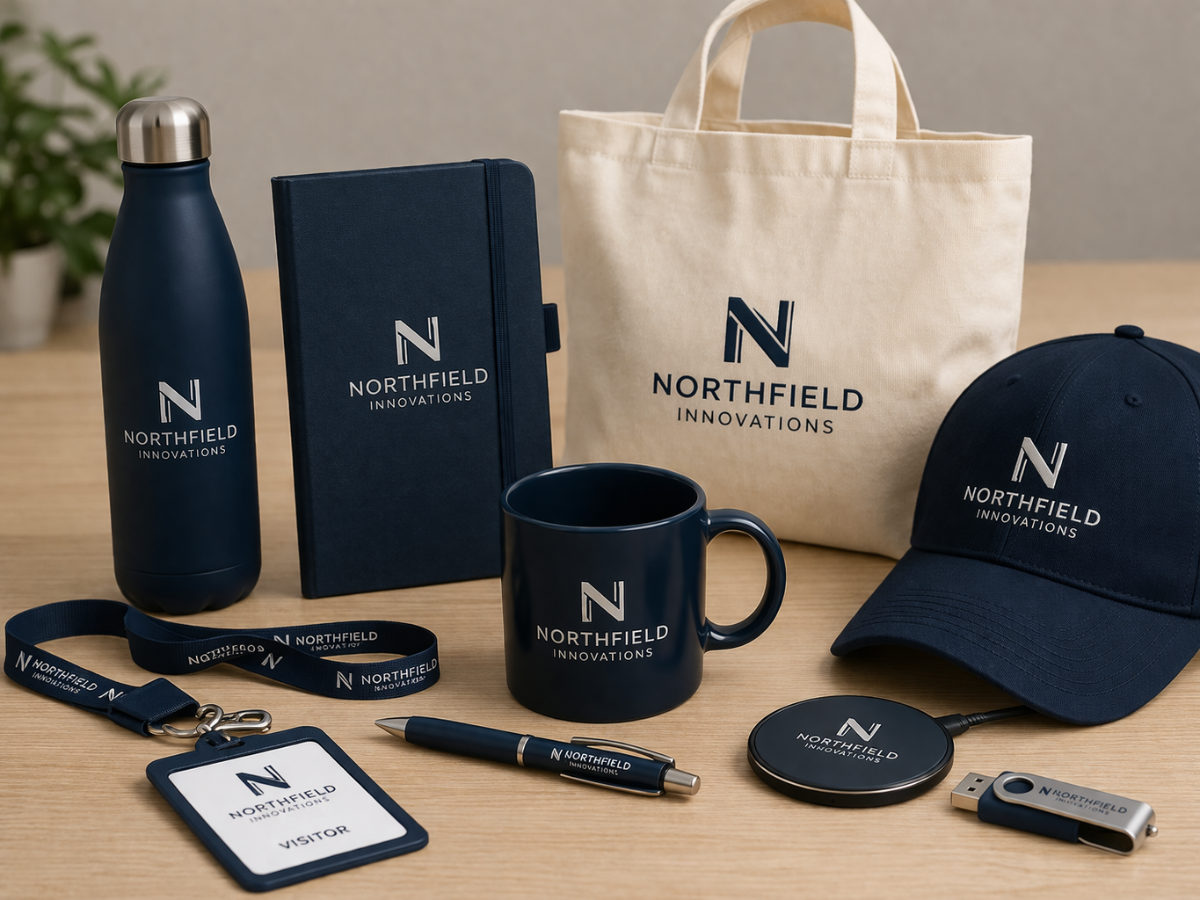 Collection of branded items including a water bottle, notebook, mug, hat, lanyard, pen, and USB drive on a wooden surface.