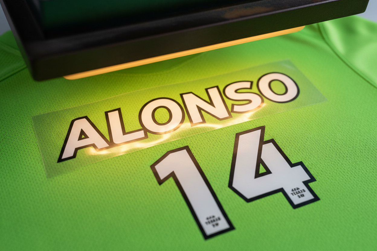 Green football shirt personalisation being applied printed on it