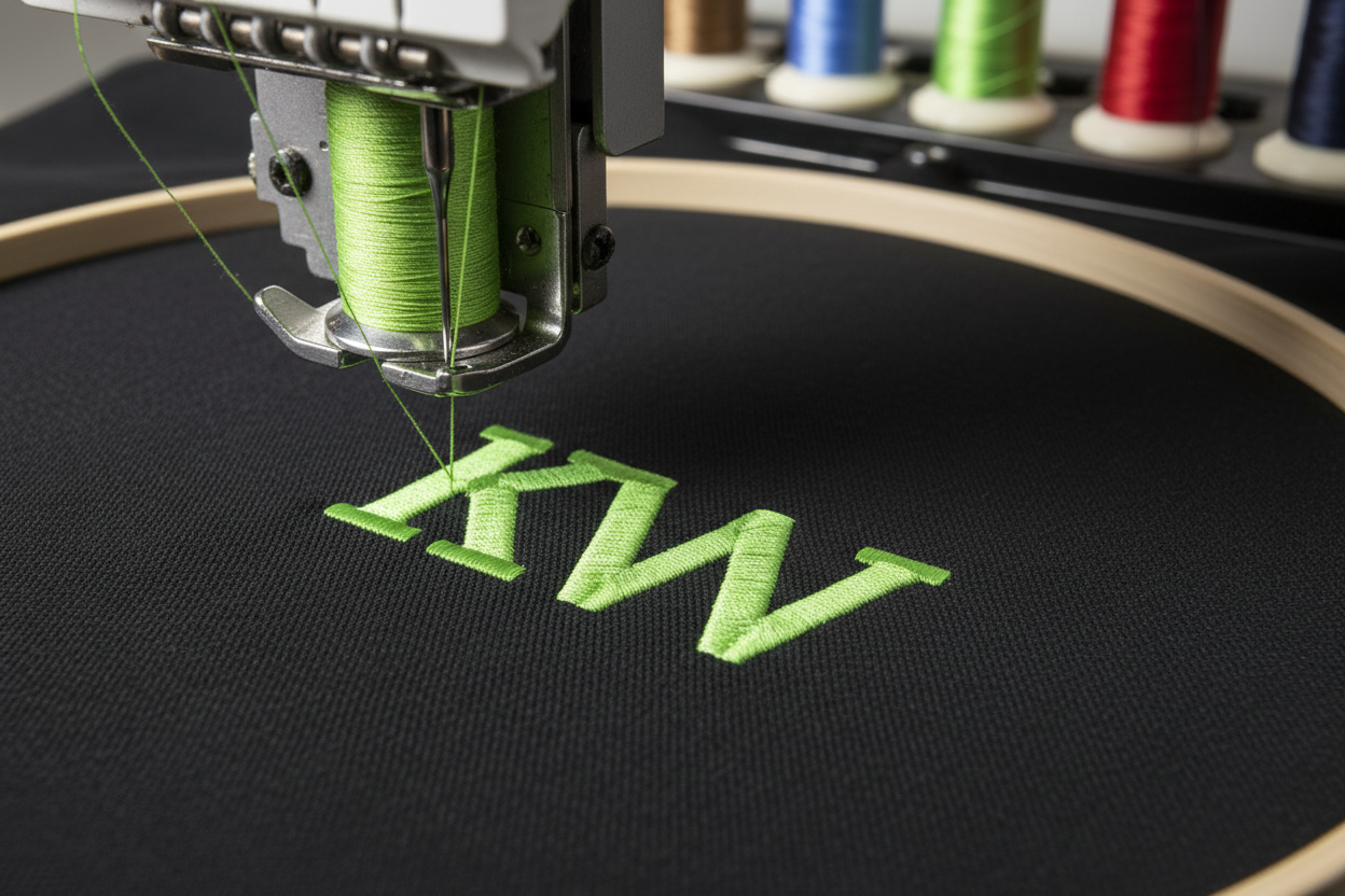 Embroidery machine stitching green letters on black fabric