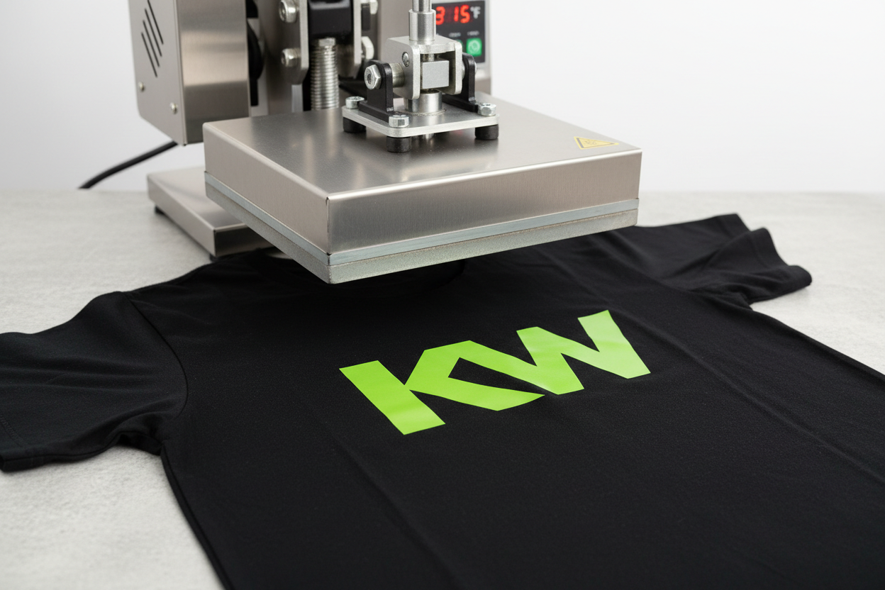 Black t-shirt with green text being printed on a heat press machine.